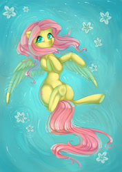 Size: 1984x2805 | Tagged: safe, artist:heinymanta, artist:misukitty, fluttershy, pegasus, pony, female, floating, flower, mare, on back, solo, water, wet mane
