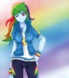 Size: 1909x2159 | Tagged: safe, artist:lovelygirlmusicer, derpibooru import, rainbow dash, better together, equestria girls, clothes, geode of super speed, hoodie, magical geodes, multicolored hair, one eye closed, shirt, smiling, solo, wink