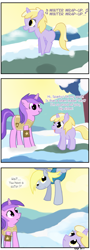 Size: 589x1641 | Tagged: safe, artist:grueislurking, amethyst star, derpy hooves, dinky hooves, sparkler, pegasus, pony, unicorn, winter wrap up, animal team, background pony, comic, female, filly, flying, mare, weather team, winter wrap up vest