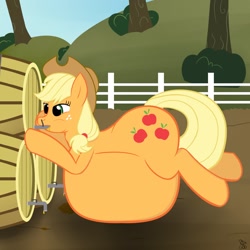 Size: 1280x1280 | Tagged: safe, artist:putinforgod, applejack, earth pony, pony, belly, big belly, cider, inflation, solo