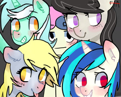 Size: 1969x1587 | Tagged: safe, artist:foxtali, bon bon, derpy hooves, dj pon-3, lyra heartstrings, octavia melody, sweetie drops, vinyl scratch, earth pony, pegasus, pony, :, background five, bon bon is not amused, female, mare, unamused