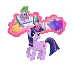 Size: 800x723 | Tagged: safe, artist:courtneygodbey, derpibooru import, spike, twilight sparkle, dragon, book, magic, telekinesis