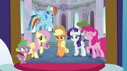 Size: 1280x720 | Tagged: safe, derpibooru import, screencap, applejack, fluttershy, pinkie pie, rainbow dash, rarity, spike, dragon, earth pony, pegasus, pony, unicorn, season 8, spoiler:s08, group, intro, smiling, theme song