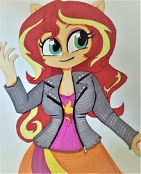 Size: 2871x3543 | Tagged: safe, artist:missmayaleanne, sunset shimmer, equestria girls, cute, doll, equestria girls minis, ponied up, shimmerbetes, simple background, smiling, toy, traditional art