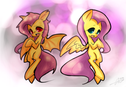 Size: 1091x753 | Tagged: safe, artist:lessue, fluttershy, bat pony, pony, duality, flutterbat, pixiv, race swap, solo