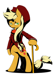 Size: 1280x1790 | Tagged: safe, artist:sion, applejack, earth pony, pony, bipedal, cane, glasses, simple background, solo