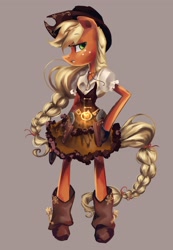 Size: 2044x2946 | Tagged: safe, artist:my-magic-dream, applejack, earth pony, pony, bipedal, clothes, dress, gun, revolver, simple background, solo