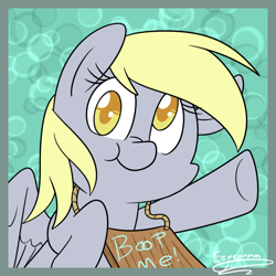 Size: 900x900 | Tagged: safe, artist:espeonna, derpy hooves, pegasus, pony, boop, female, mare, sign, smiling, solo