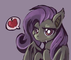 Size: 1032x863 | Tagged: safe, artist:ende26, fluttershy, bat pony, pony, bats!, apple, fangs, flutterbat, race swap, solo, speech bubble