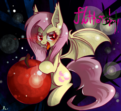 Size: 1200x1100 | Tagged: safe, artist:renokim, fluttershy, bat pony, pony, bats!, apple, flutterbat, open mouth, race swap, solo, tongue out