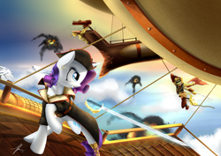 Size: 1920x1357 | Tagged: safe, artist:wreky, applejack, rarity, earth pony, pony, unicorn, airship, amputee, fight, peg leg, pirate, prosthetic leg, prosthetic limb, prosthetics, sword