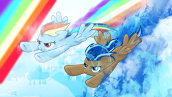 Size: 8168x4597 | Tagged: safe, artist:remcmaximus, derpibooru import, rainbow dash, oc, oc:cobalt burn, pegasus, pony, absurd resolution, flying, race