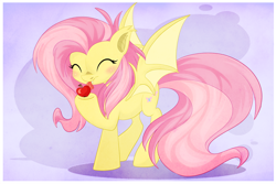 Size: 1500x1000 | Tagged: safe, artist:blackfreya, fluttershy, bat pony, pony, bats!, apple, cute, flutterbat, licking, race swap, shyabates, shyabetes, solo, tongue out