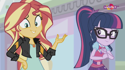 Size: 1136x638 | Tagged: safe, screencap, sci-twi, sunset shimmer, twilight sparkle, equestria girls, mirror magic, spoiler:eqg specials, belt, bowtie, clothes, geode of empathy, geode of telekinesis, glasses, jacket, magical geodes, ponytail, smiling, teletoon