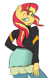 Size: 699x1024 | Tagged: safe, artist:mrironmustang, sunset shimmer, anthro, clothes, dress, female, jacket, solo