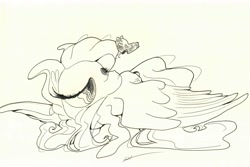 Size: 1229x820 | Tagged: safe, artist:getchanoodlewet, fluttershy, butterfly, pegasus, pony, monochrome, solo, traditional art