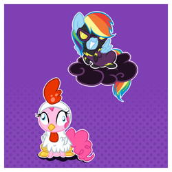 Size: 2100x2100 | Tagged: safe, artist:xwhitedreamsx, derpibooru import, pinkie pie, rainbow dash, earth pony, pegasus, pony, luna eclipsed, animal costume, chicken pie, chicken suit, clothes, cloud, costume, derp, nightmare night, on a cloud, shadowbolt dash, shadowbolts costume, simple background