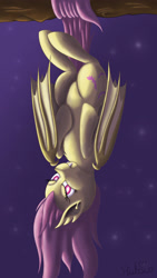 Size: 1600x2844 | Tagged: safe, artist:rulsis, fluttershy, bat pony, pony, bats!, flutterbat, hanging, race swap, solo, tree, upside down