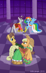 Size: 720x1152 | Tagged: safe, artist:bibliodragon, derpibooru import, applejack, caramel, rainbow dash, written script, earth pony, pegasus, pony, carajack, clothes, dress, female, gala dress, male, rainbowscript, shipping, straight, writtendash