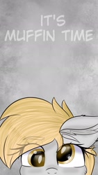 Size: 1080x1920 | Tagged: safe, artist:janelearts, derpy hooves, eye clipping through hair, text, wallpaper