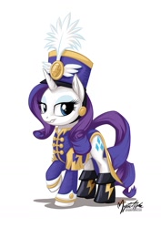 Size: 955x1351 | Tagged: safe, artist:mysticalpha, rarity, pony, unicorn, testing testing 1-2-3, ancient wonderbolts uniform, boots, clothes, female, hat, looking at you, mare, raised hoof, sgt. rarity, shako, shoes, simple background, smiling, smirk, solo, uniform, white background, wonderbolts uniform