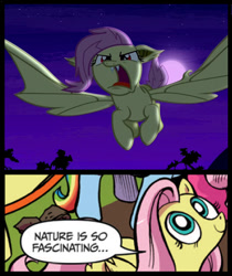 Size: 396x472 | Tagged: safe, fluttershy, bat pony, pegasus, pony, bats!, blue coat, blue eyes, crossing the memes, dialogue, exploitable meme, female, flutterbat, looking up, mare, meme, memeception, multicolored tail, nature is so fascinating, pink coat, pink mane, race swap, self ponidox, smiling, speech bubble, wings, yellow coat