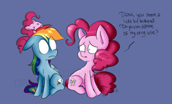 Size: 1518x918 | Tagged: safe, artist:drawbauchery, derpibooru import, pinkie pie, rainbow dash, earth pony, pegasus, pony, concerned, dialogue, drugs, looking at each other, sad, simple background, sitting, surprised, watermark, wide eyes