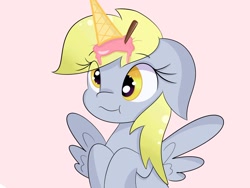 Size: 1600x1200 | Tagged: safe, artist:janelearts, derpy hooves, pegasus, pony, cute, derp, derpabetes, female, food, ice cream, ice cream horn, mare, simple background, smiling, solo, spread wings, wings