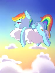 Size: 1500x2000 | Tagged: safe, artist:magiak416, derpibooru import, rainbow dash, pegasus, pony, cloud, female, folded wings, lidded eyes, looking away, mare, morning ponies, on a cloud, profile, prone, sky, sleepy, solo