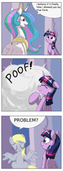 Size: 1737x4737 | Tagged: safe, artist:otakuap edit, derpy hooves, princess celestia, twilight sparkle, twilight sparkle (alicorn), alicorn, pony, celestia's true form, character to character, comic, exploitable meme, female, mare, meme, pony to pony, problem