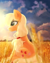 Size: 1200x1500 | Tagged: safe, artist:spoosha, applejack, earth pony, pony, backlighting, cloud, cute, female, food, hatless, jackabetes, lens flare, mare, missing accessory, profile, sitting, sky, solo, straw in mouth, sun, wheat, wheat field