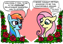 Size: 751x525 | Tagged: safe, artist:gingerfoxy, derpibooru import, fluttershy, rainbow dash, pegasus, pony, dialogue, female, flower, flutterdash, heart, lesbian, pony couple generator, rose, shipping, speech bubble