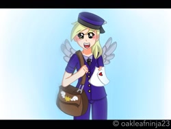Size: 2048x1536 | Tagged: safe, artist:littleovertures, derpy hooves, human, humanized, letter, mailbag, mailmare, solo, winged humanization