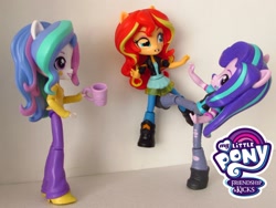Size: 1500x1125 | Tagged: safe, artist:whatthehell!?, edit, princess celestia, principal celestia, starlight glimmer, sunset shimmer, equestria girls, abuse, boots, clothes, cup, doll, dress, equestria girls minis, irl, jacket, kick, kicking, pants, parody, photo, shimmerbuse, shoes, smiley face, toy