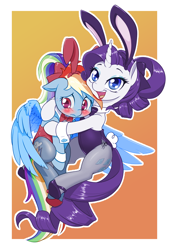 Size: 800x1185 | Tagged: safe, artist:dstears, color edit, derpibooru import, edit, rainbow dash, rarity, pegasus, pony, unicorn, alternate hairstyle, blushing, bow, bowtie, bunny ears, bunny suit, clothes, colored, cuffs (clothes), cute, dashabetes, embarrassed, female, hair bow, hug, leggings, leotard, lesbian, lipstick, mare, pantyhose, playboy bunny, ponytail, rainbow dash always dresses in style, raribetes, raridash, ribbon, shipping, shoes, the melancholy of haruhi-chan suzumiya