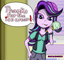 Size: 1613x1522 | Tagged: safe, artist:fandomfanatico, starlight glimmer, equestria girls, mirror magic, spoiler:eqg specials, beanie, clothes, food, hat, ice cream, solo, speech, that human sure does love ice cream