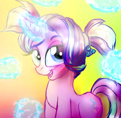 Size: 1389x1354 | Tagged: safe, artist:loveless-nights, starlight glimmer, pony, unicorn, alternate hairstyle, cute, glimmerbetes, glowing horn, pigtails, ribbon, solo