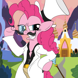 Size: 1500x1500 | Tagged: safe, artist:flutteranderson, pinkie pie, earth pony, pony, cane, gentlemen, hat, monocle, solo, top hat