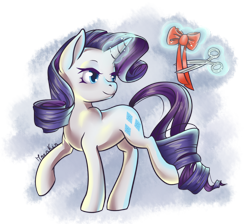 Size: 950x851 | Tagged: safe, artist:moenkin, rarity, pony, unicorn, glowing horn, magic, ribbon, scissors, simple background, solo, telekinesis, transparent background