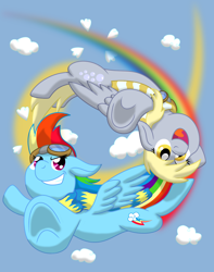 Size: 1080x1368 | Tagged: safe, artist:south-fur, derpy hooves, rainbow dash, pegasus, pony, clothes, cloud, cloudy, female, flying, goggles, mare, scarf, underhoof