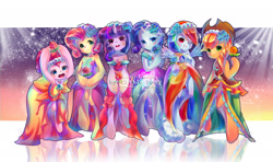 Size: 2362x1398 | Tagged: safe, artist:murasaki-to, derpibooru import, applejack, fluttershy, pinkie pie, rainbow dash, rarity, twilight sparkle, earth pony, pegasus, pony, semi-anthro, unicorn, bridesmaid dress, clothes, dress, mane six, pixiv