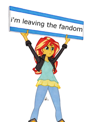 Size: 950x1278 | Tagged: safe, artist:manly man, edit, sunset shimmer, equestria girls, colored pencil drawing, exploitable meme, female, leaving the fandom, meme, protest, sign, simple background, solo, sunset's board, traditional art, white background