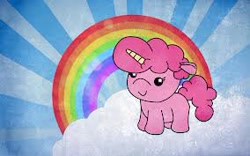 Size: 284x177 | Tagged: safe, pinkie pie, earth pony, pony, unicorn, cloud, female, mare, missing cutie mark, pink coat, pink mane, pink tail, rainbow, simple background, smiling, solo, unicorn pinkie pie