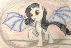 Size: 1090x733 | Tagged: safe, artist:thefriendlyelephant, rarity, vampire, bat wings, black hair, fangs, race swap, red eyes, request, slit eyes, solo, traditional art, vein