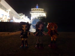 Size: 4608x3456 | Tagged: safe, rarity, starlight glimmer, sunset shimmer, equestria girls, cruise ship, doll, equestria girls minis, irl, night, photo, singapore, toy