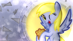 Size: 2560x1440 | Tagged: safe, artist:antylavx, artist:starlessnight22, derpy hooves, pegasus, pony, bubble, female, glow, mare, muffin, triangle, vector, wallpaper, wink
