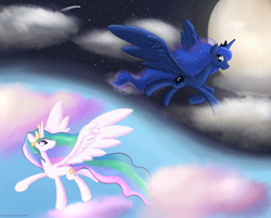 Size: 4000x3222 | Tagged: safe, artist:d-sixzey, princess celestia, princess luna, alicorn, pony, absurd resolution, moon, sky, space