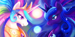 Size: 1500x750 | Tagged: safe, artist:tsaoshin, princess celestia, princess luna, alicorn, pony, female, mare, royal sisters