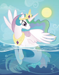 Size: 468x596 | Tagged: safe, artist:inki-drop, princess celestia, mermaid, merpony, mermaidized, race swap, sealestia, smiling, solo, sun, water