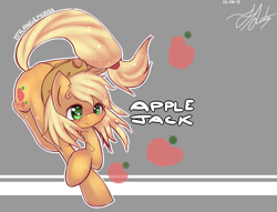 Size: 843x645 | Tagged: safe, artist:strangemoose, applejack, earth pony, pony, jumping, loose hair, solo